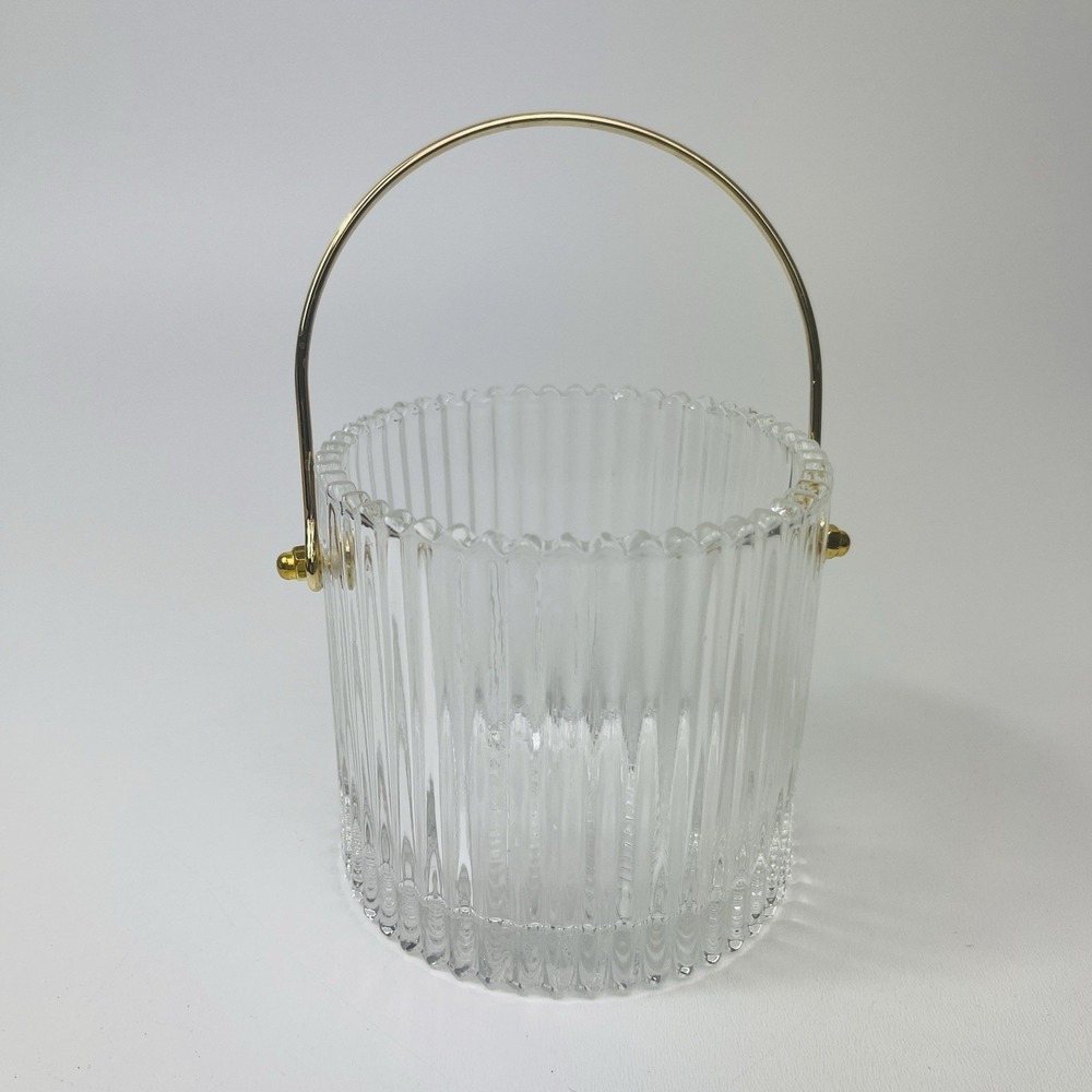 Glass Ice Bucket With Gold Handle Floral Vase Candy Dish Table Top 4.5x4"